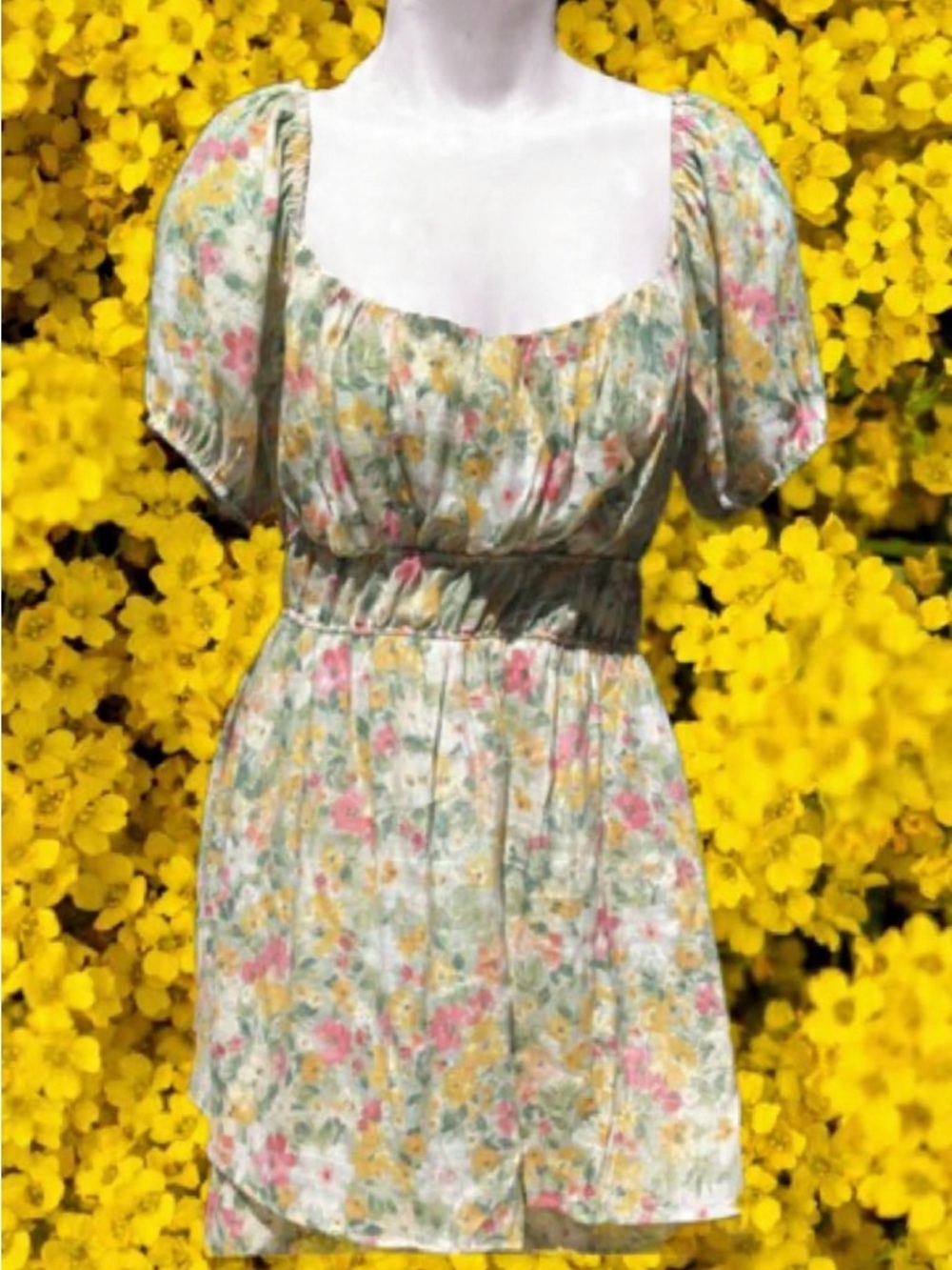 90s style Floral Puff Sleeve Summer romper dress - Cream, Yellow, Pink & Green